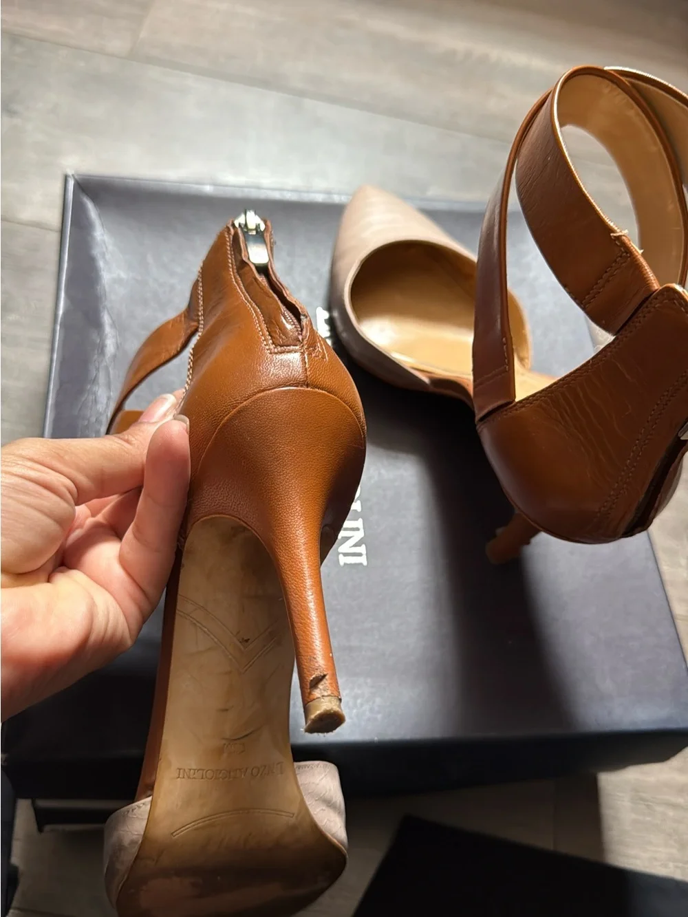 Enzo Angiolini Two-Tone Pointed Toe Ankle-Strap Heels - Brown & Blush